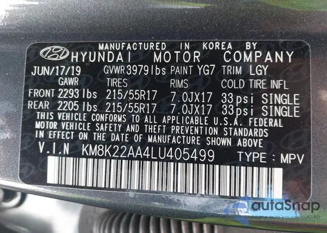 2020 Hyundai Kona Sel z USA, uszkodzony, nr VIN KM8K22AA4LU405499